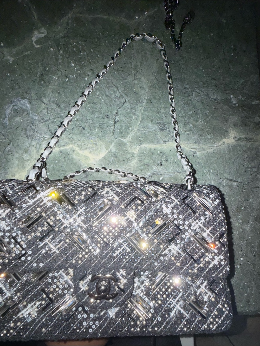 CHANEL Black and Silver Sequined Quilted Chain Shoulder Bag